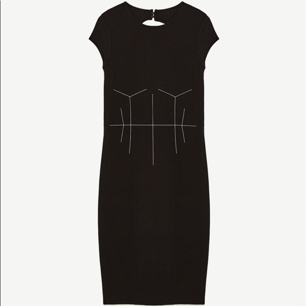 Zara White Topstitch Open Back Black Dress - Picture 6 of 9